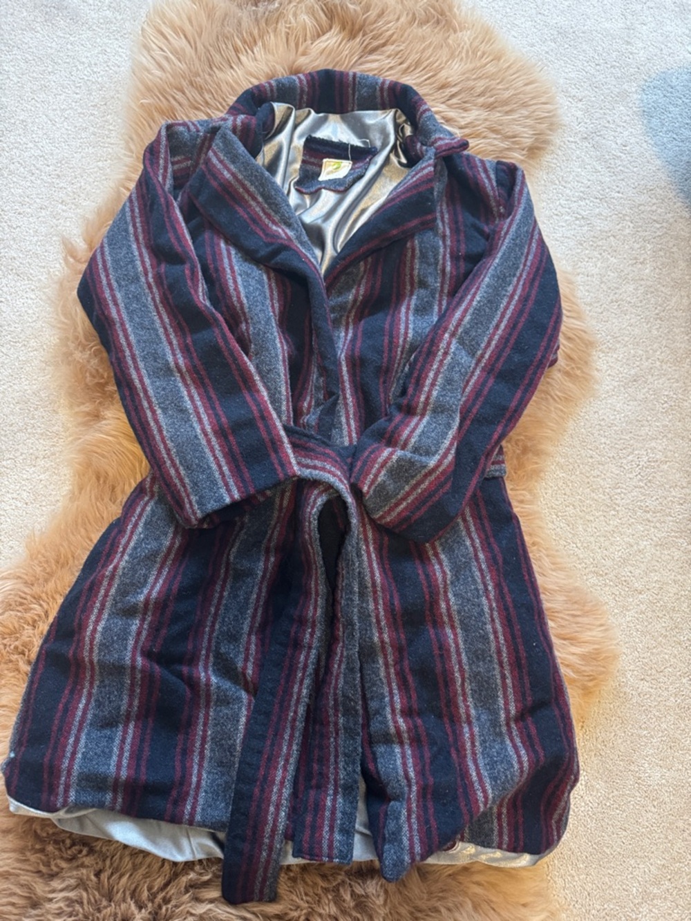 Wool-Blend Striped Wrap Coat - Navy & Gray
